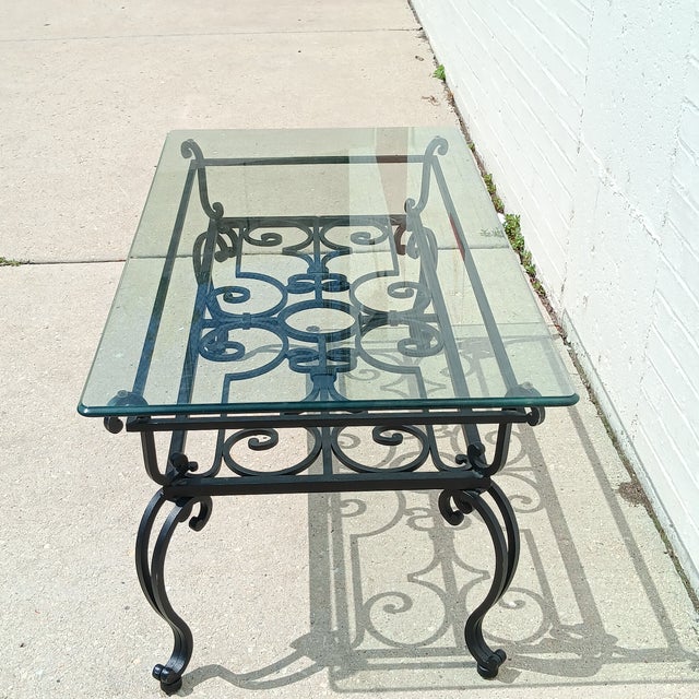 Metal Vintage 19th Century French Wrought Iron Indoor/Outdoor Coffee Table With 1" Thick Table Top Glass For Sale - Image 7 of 18