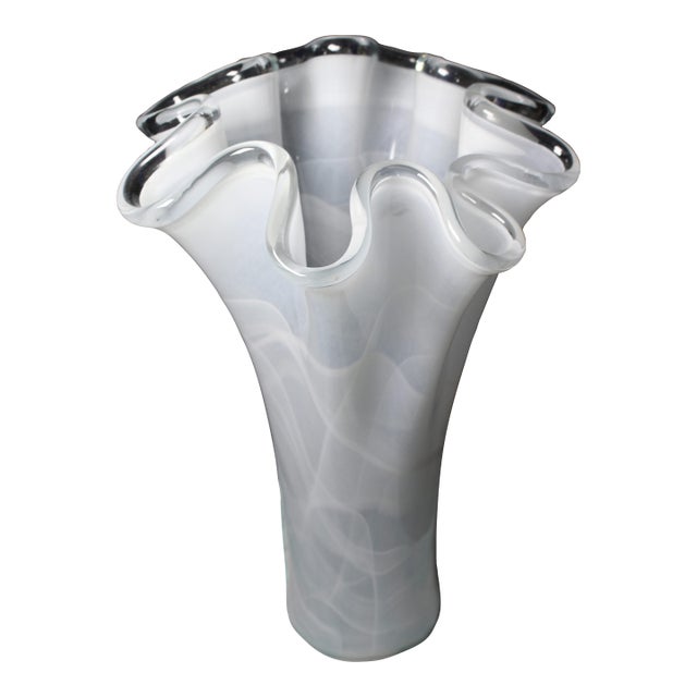Large 16" Italian White Handkerchief Vase - Murano Technique Art Glass For Sale