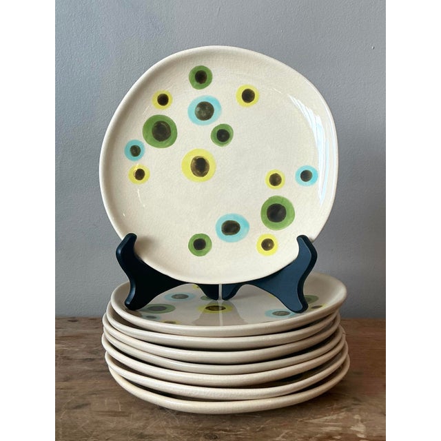 Vintage Boho Glazed Ceramic Polka Dot Plates - Set of 8 For Sale In West Palm - Image 6 of 8