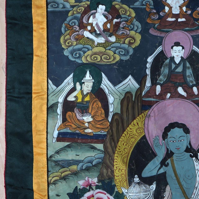 Antique Tibetan Hand Painted Silk and Canvas Thangka with Figures, Circa 1920 For Sale - Image 11 of 12