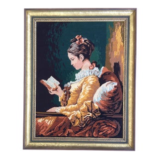 Large Vintage Framed Needlepoint Jeune Fille Lisant After Fragonard For Sale