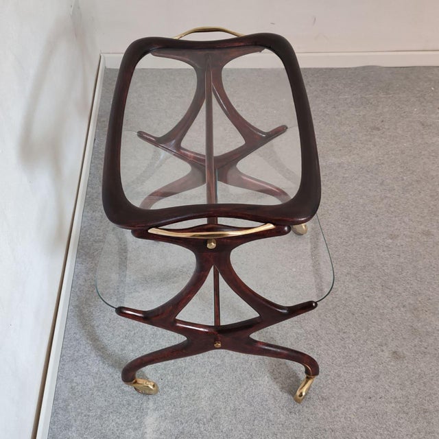 1950s Italian Wood, Glass and Brass Bar Cart With Magazine Rack, Attributed to Cesare Lacca For Sale - Image 6 of 11