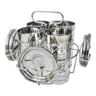 Mid 20th Century Silver-Patterned Glasses Drink Set With Caddy & Coasters Set- 9 Pieces For Sale