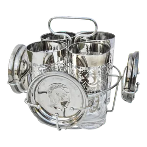 Mid 20th Century Silver-Patterned Glasses Drink Set With Caddy & Coasters Set- 9 Pieces