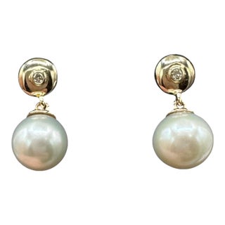 Pearl Diamond Dangle Earrings 10kt Yellow Gold 6.5mm Threaded New, Pair For Sale