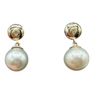 Pearl Diamond Dangle Earrings 10kt Yellow Gold 6.5mm Threaded New, Pair
