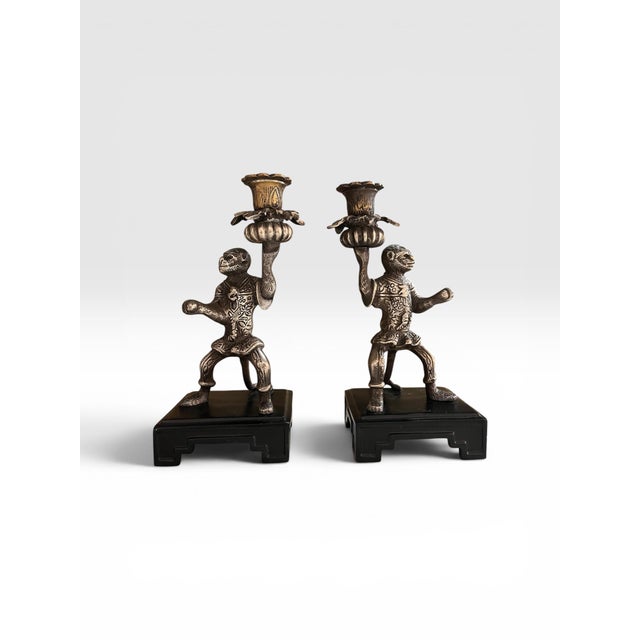 Hollywood Regency Vintage Castilian Imports Silver-Tone Monkey Opera Candlesticks – Pair, India, 1980s For Sale - Image 3 of 8