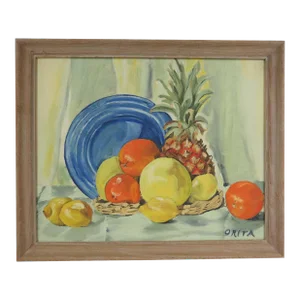Vintage Orita Larson Framed Oil on Mason Board - "Still Life With Pineapple"