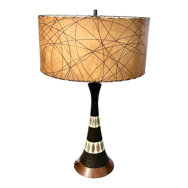 Mid-Century Quartite Creative Corporation Ceramic Textured Cone Table Lamp With Geometric Design on Wood Base With Fiberglass Whipstitched Shade For Sale