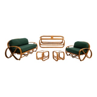 Four Strand Pretzel Rattan Set Sofa Settee Coffee Table Two End Tables After Paul Frankl Five Piece Living Room Set For Sale