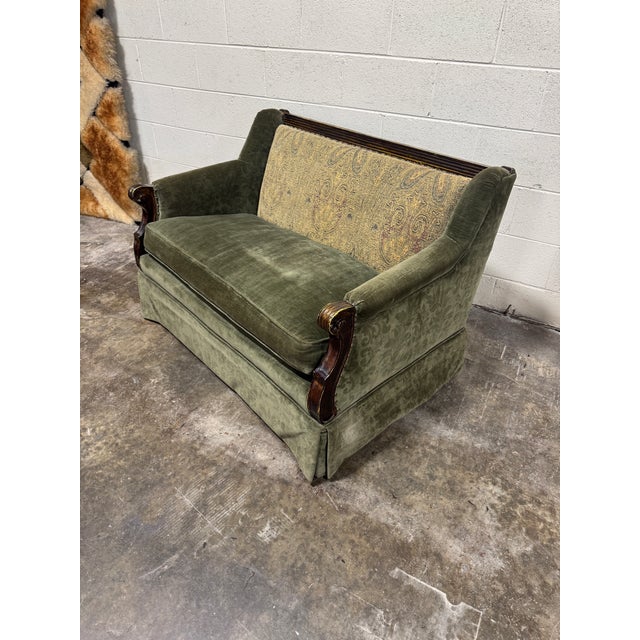 Shabby Chic Vintage Smoking Room Library Velvet Love Seat For Sale - Image 3 of 12