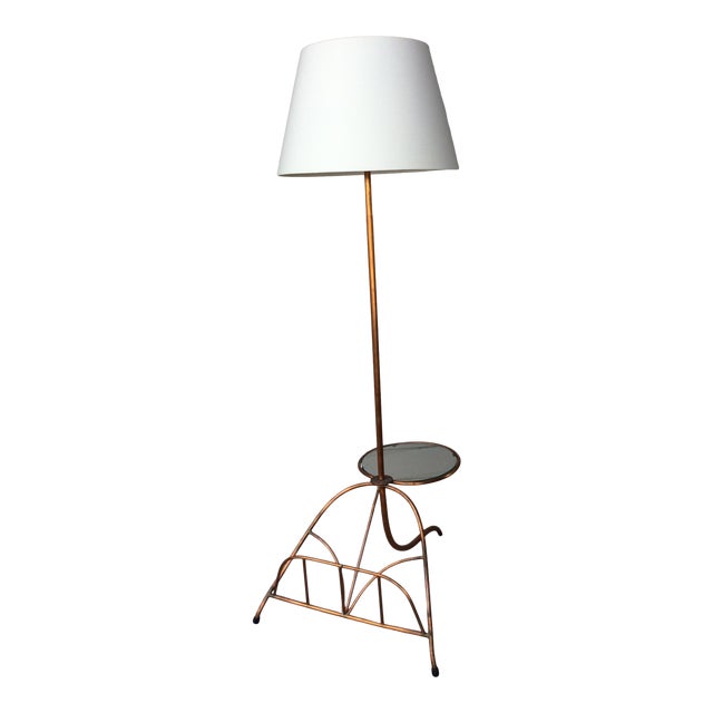 Mid 20th Century French Copper Floor Lamp Magazine Holder and Drinks