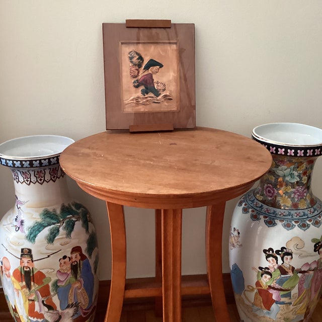 Copper Mid-Century Asian Painted Enamel on Copper Wood Plaque Hanging Wall Art For Sale - Image 8 of 12