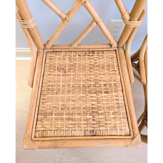 Almond Vintage Chippendale Bamboo Rattan Chair Pair Natural Fretwork For Sale - Image 8 of 16