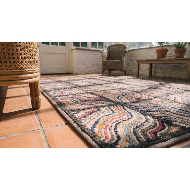 Textile 1930s Multicolor Checks Abstract Antique American Hooked Rug 5'10" X 6'0" Handknotted Wool Carpet For Sale - Image 7 of 9
