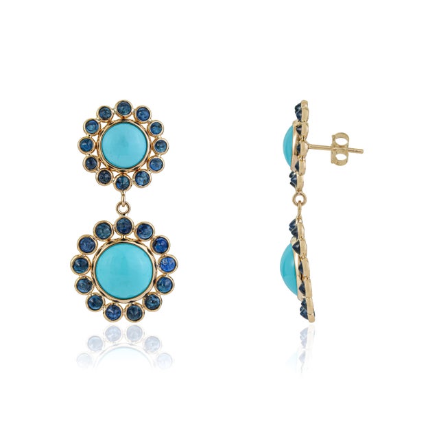 Gold VRJewels 20.43ct Turquoise Sapphire 14k Yellow Gold Floral Navajo Drop Earrings- A Pair For Sale - Image 8 of 18