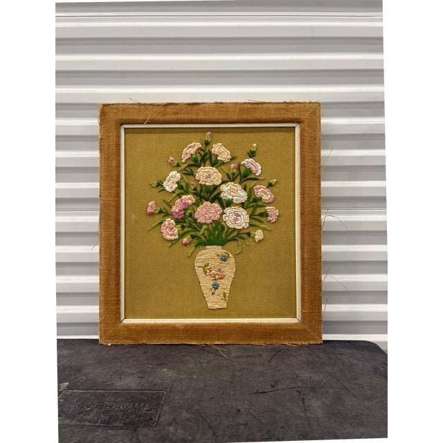 Olive Vintage Floral Crewel Embroidery Wall Art With Burlap Border For Sale - Image 8 of 11