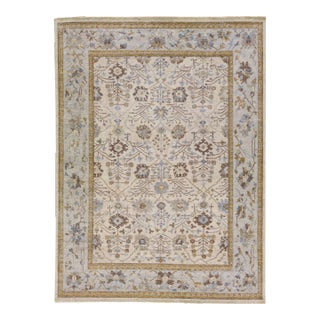 Apadana's Artisan Collection Beige Handmade Floral Indian Wool Rug For Sale