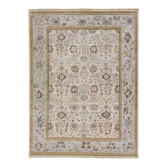 Apadana's Artisan Collection Beige Handmade Floral Indian Wool Rug For Sale
