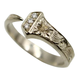 14k White Gold Hand Engraved Lucky Nail Ring With Diamonds Size 7
