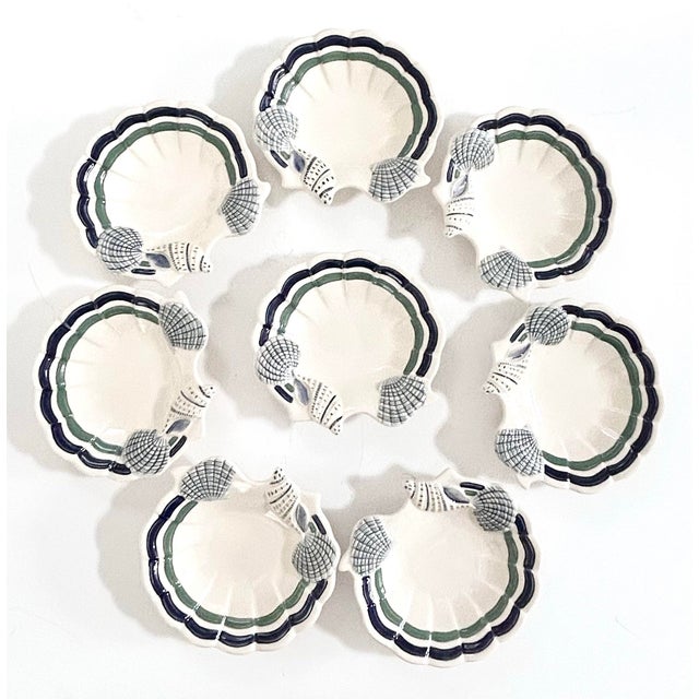 Traditional Vintage Coastal Shell Dishes Nautical Appetizer Plates, Blue Green Scallop Edge Seafood Serveware - Set of 8 For Sale - Image 3 of 10