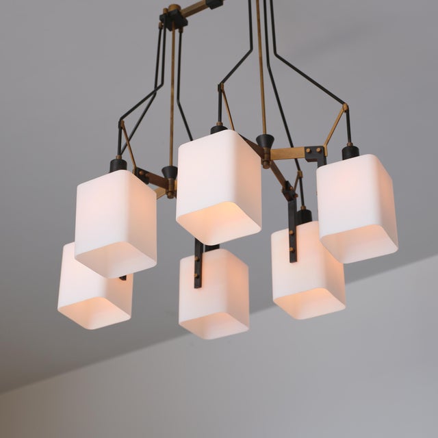 Italian Six-Light Chandelier in Brass, Black Metal and Opaline Glass, 1950s For Sale - Image 11 of 16