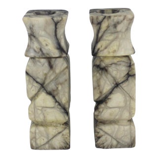 Antique Carved Italian Alabaster Candleholders a Pair For Sale