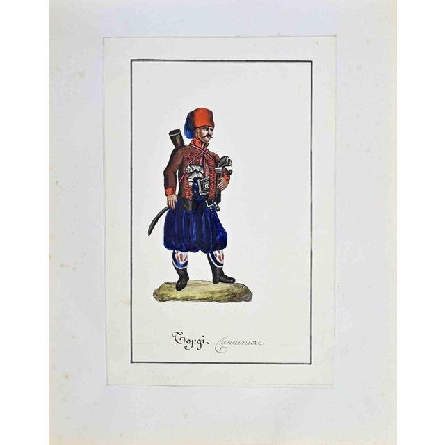 China ink and watercolor on paper applied on cardboard, realized by Barla in 1840. It depicts an oriental military...