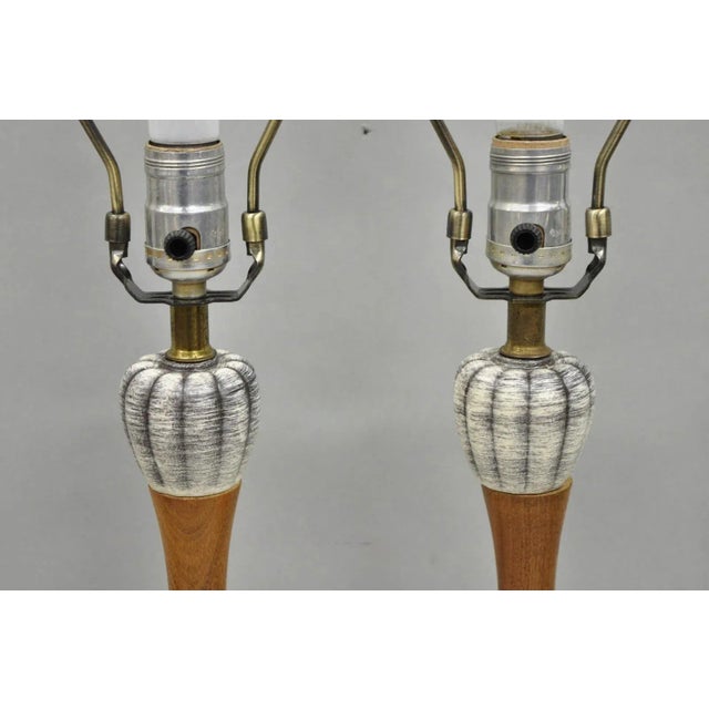 Vintage Mid Century Modern Walnut & Ceramic Small Sculptural Table Lamps - Pair For Sale - Image 4 of 12
