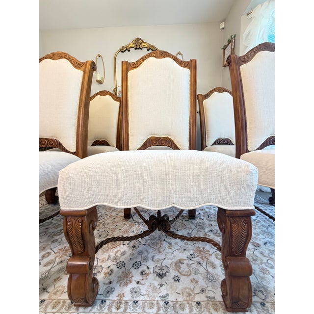 Set of 6 European Barley Twist Carved Upholstered Dining Chairs, Late 20th Century For Sale - Image 11 of 12