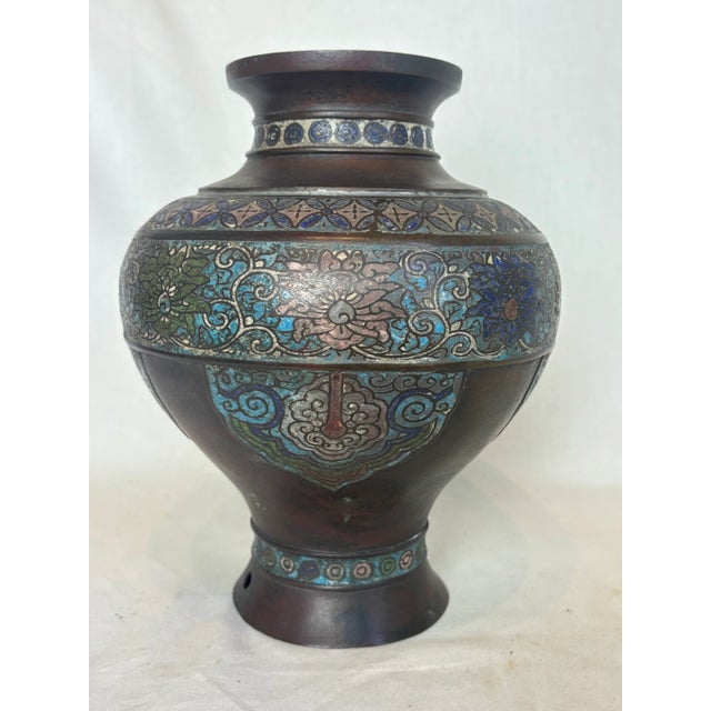 Chinese Late 19th Century Chinese Bronze and Cloisonne Vase (Champleve) For Sale - Image 3 of 14