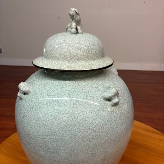Maitland - Smith Large Maitland-Smith Crackle Glaze Ginger Jar With Foo Dog Finial For Sale - Image 4 of 11