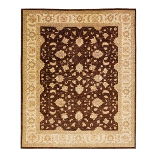 Brown Modern Peshawar Handmade Wool Rug With Palmettes Design For Sale