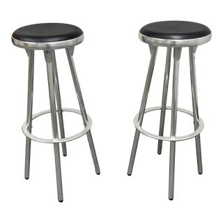 Indescasa Chrome + Black Leather Bar Stools - a Pair For Sale