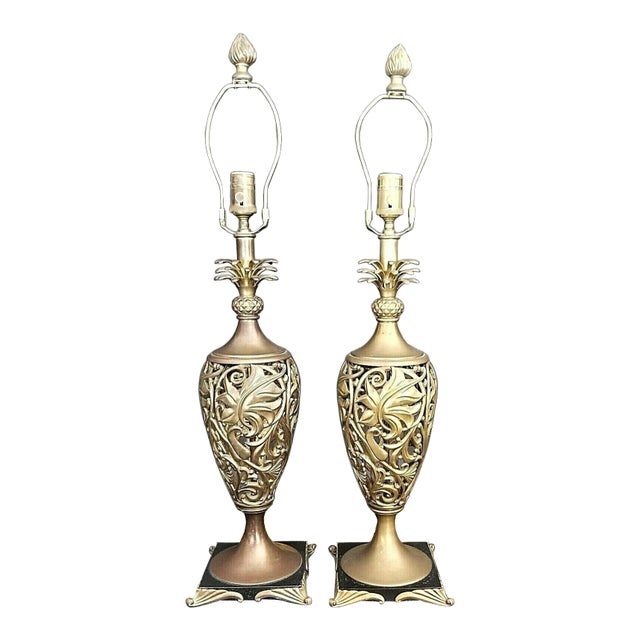 High-End Reticulated Pierced Pineapple Solid Brass Scroll Urn Table Lamps - Set of 2 For Sale