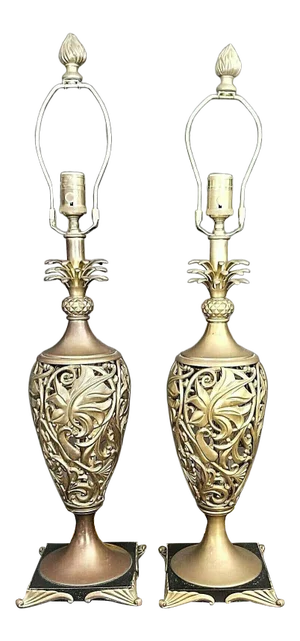High-End Reticulated Pierced Pineapple Solid Brass Scroll Urn Table Lamps - Set of 2