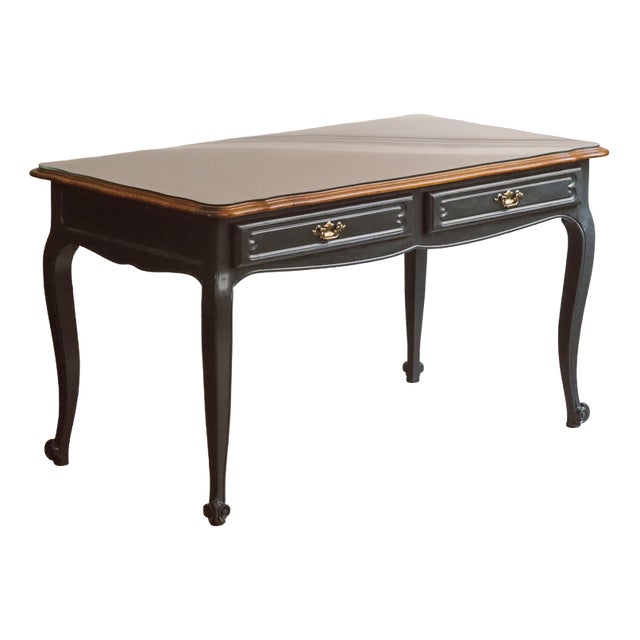 Louis XV Desk in Oak with Black Lacquered Frame and Glass Top, 1950 For Sale