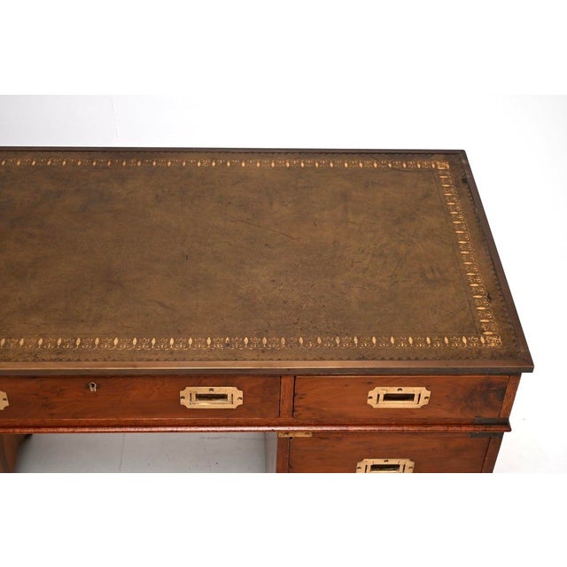 Metal Antique Yew Wood Military Campaign Style Pedestal Desk, 1950 For Sale - Image 7 of 9