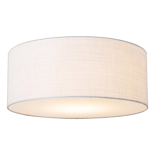 Stretch Flush Mount, White Linen Shade, Weathered Brass For Sale