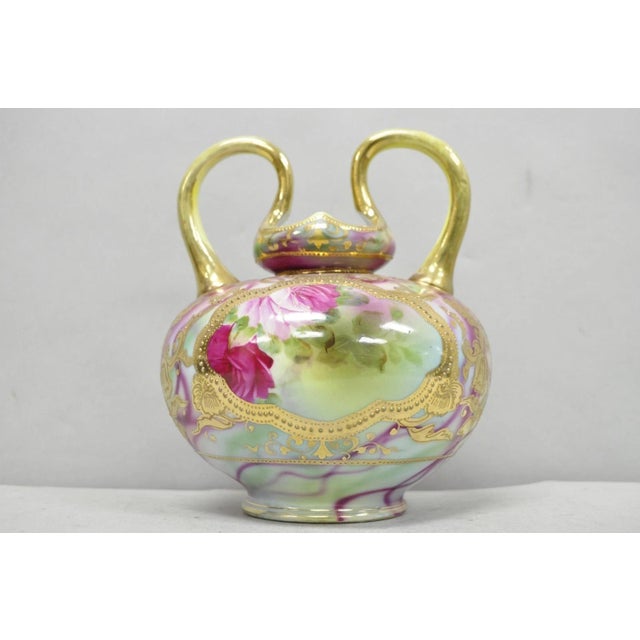 Antique Austrian Hand Painted Moriage Porcelain Double Swung Handle Bulbous Vase For Sale - Image 13 of 16