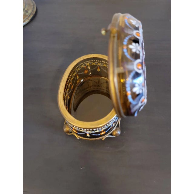 Metal 19th Century Bohemian Moser Enameled Amber Art Glass Jewel Casket For Sale - Image 7 of 11