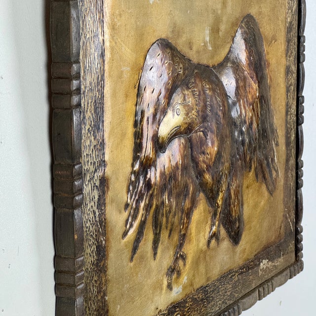 Vintage Signed/Dated MCM Repoussé Metal Art Work of Eagle in Flight, Wood Frame For Sale - Image 4 of 11