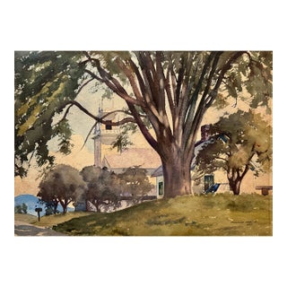 Stanford Stevens 1937 Signed Original Watercolor Vermont Church Landscape For Sale