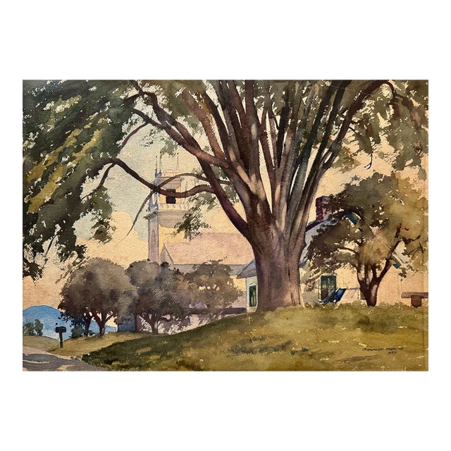 Stanford Stevens 1937 Signed Original Watercolor Vermont Church Landscape For Sale