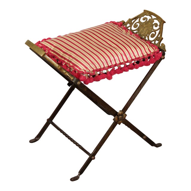 1920s Art Deco Period Wrought Iron & Brass X Base Bench For Sale