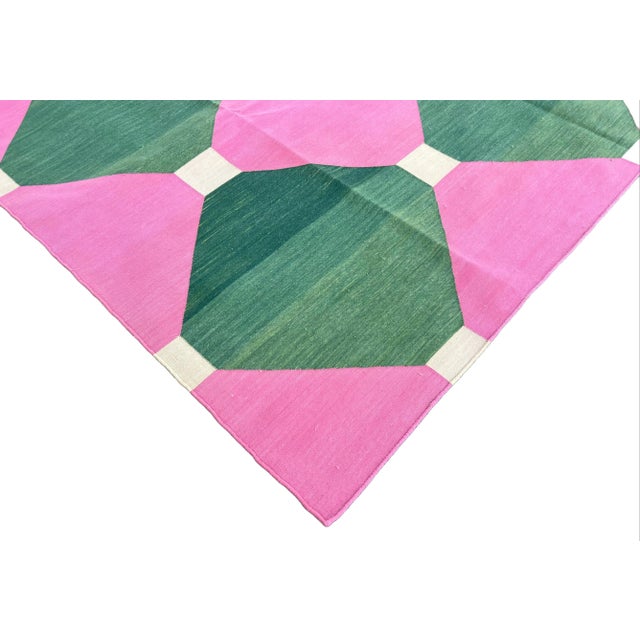 Not Yet Made - Made To Order Handmade Cotton Area Rug Pink, Cream and Green Tile Patterned Dhurrie - 6'x9' For Sale - Image 5 of 10