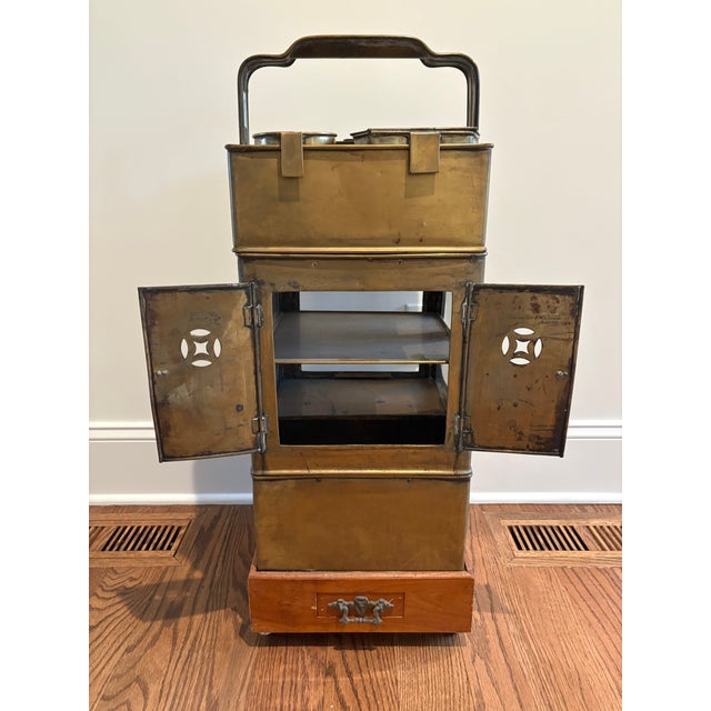 Antique Chinese Brass Noodle Cart with Wood Base Measures 33h x 12d x 12w Glass front Shelving Detachable parts Ideal for...