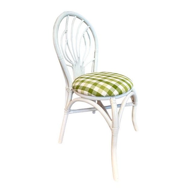 Green Set of 3 White Rattan Dining Chairs With Green Gingham Cushions For Sale - Image 8 of 9