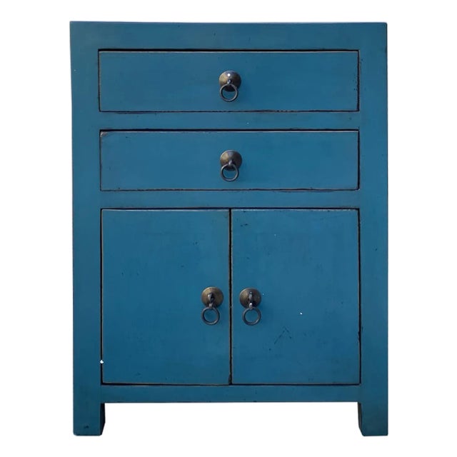 Oriental Distressed Bold Bolection Blue 2 Drawers End Table Nightstand For Sale