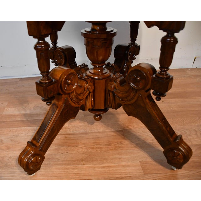 Brown 1880s Antique Victorian Renaissance Revival Walnut & Marble Top Center Table For Sale - Image 8 of 18